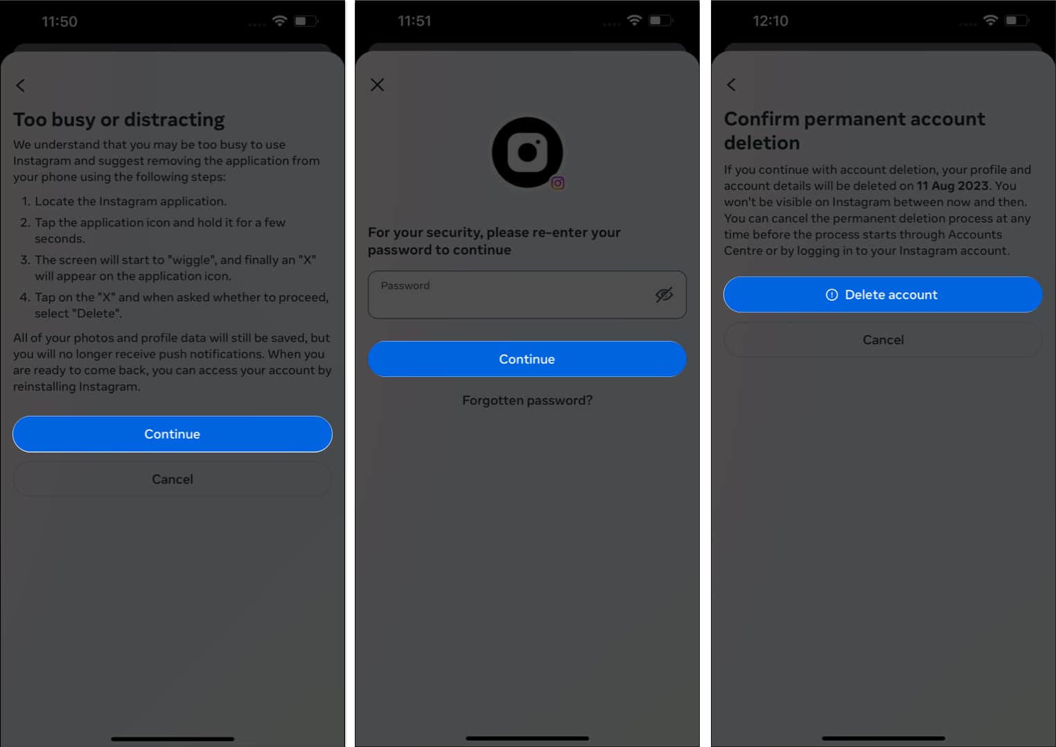 Tap Continue, Continue, Delete Account in Instagram