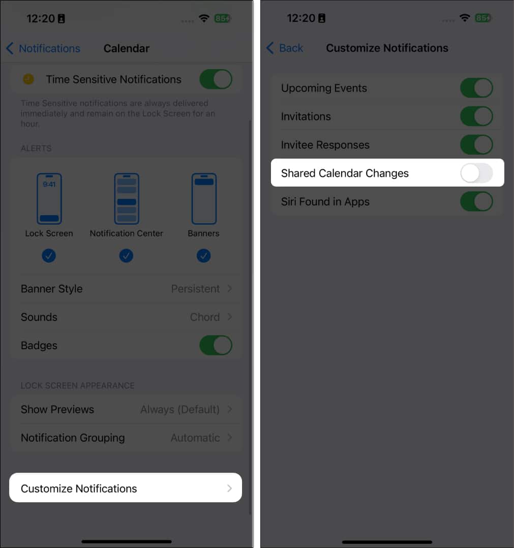 Tap Customize Notifications and Toggle off Shared Calendar Changes