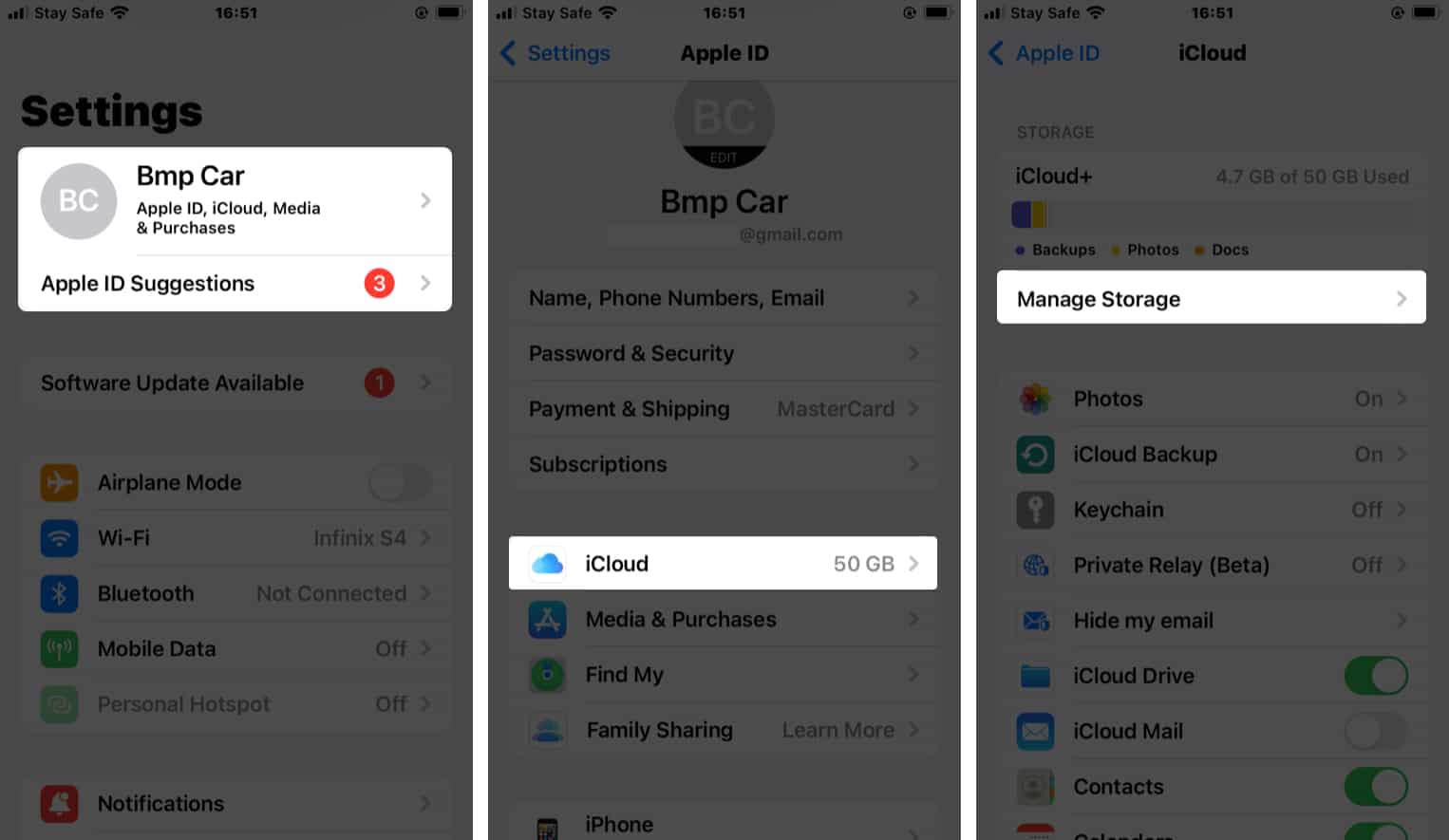 Tap Manage Storage from iCloud on iPhone
