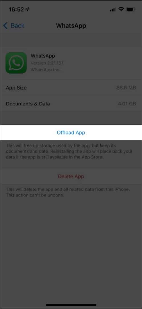 Tap Offload App and confirm it on iPhone