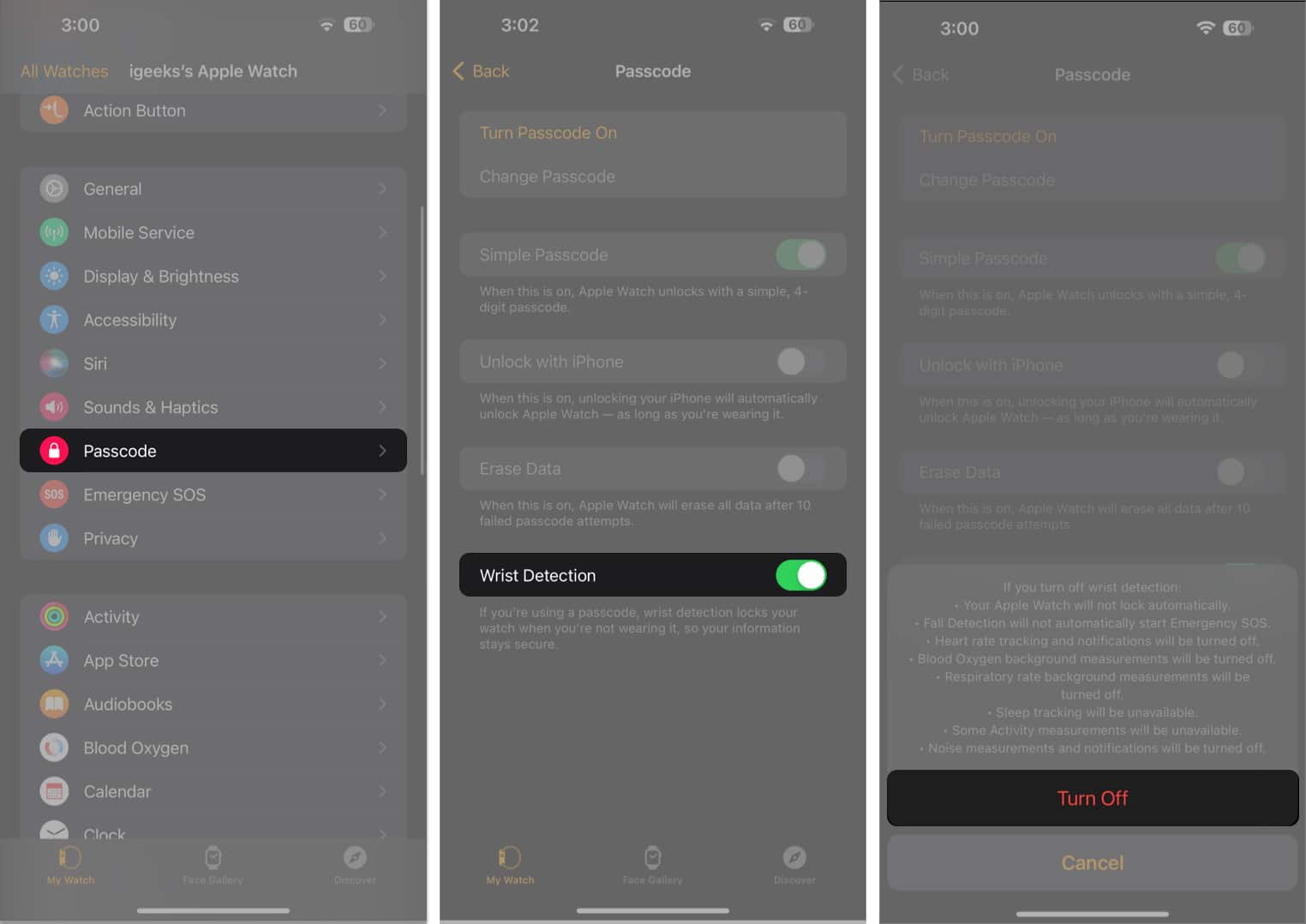 Tap Passcode, Toggle of Wrist Detection, Tap Turn Off