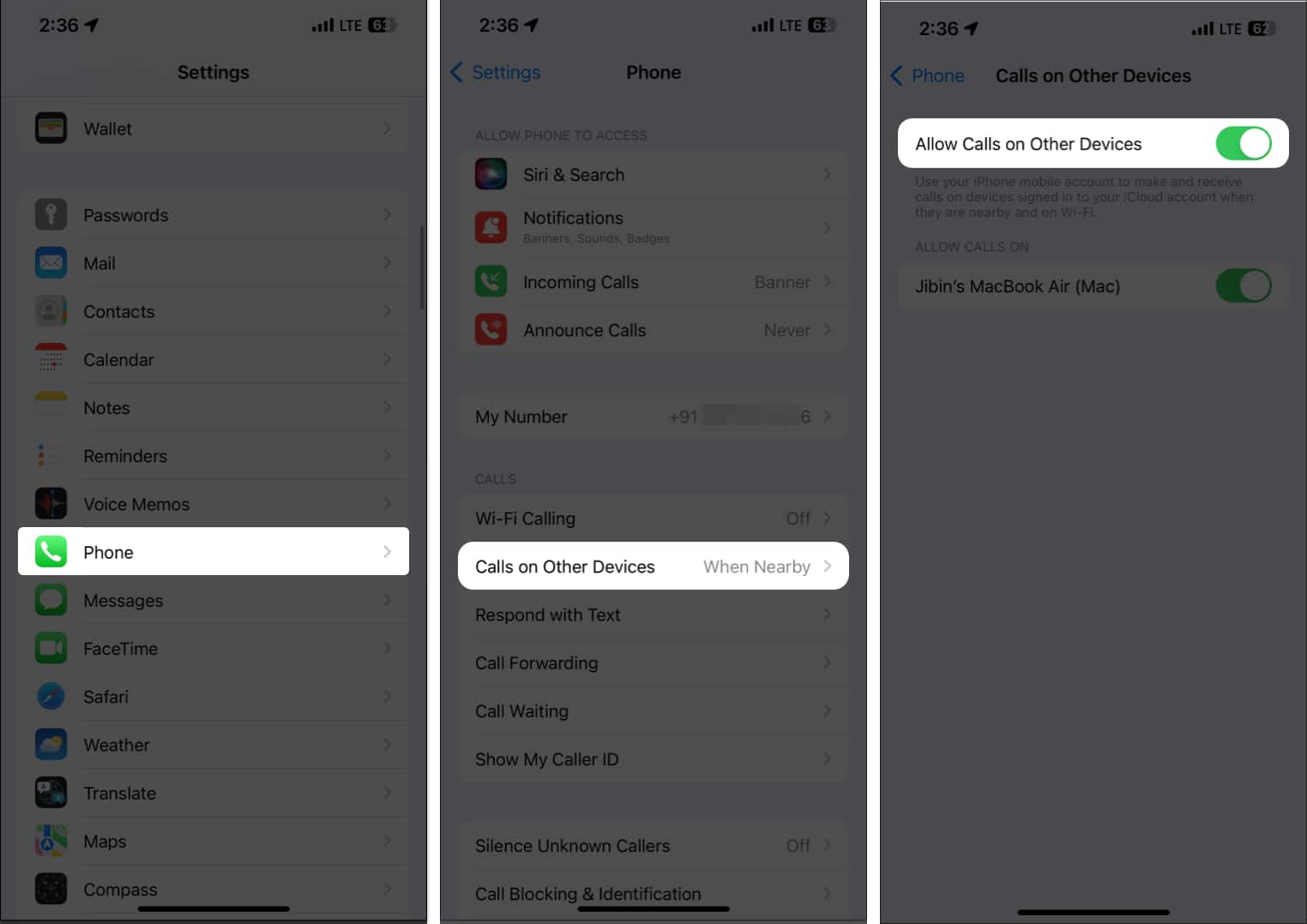 Tap Phone, Allow Call Forwarding, Allow calls on other devices