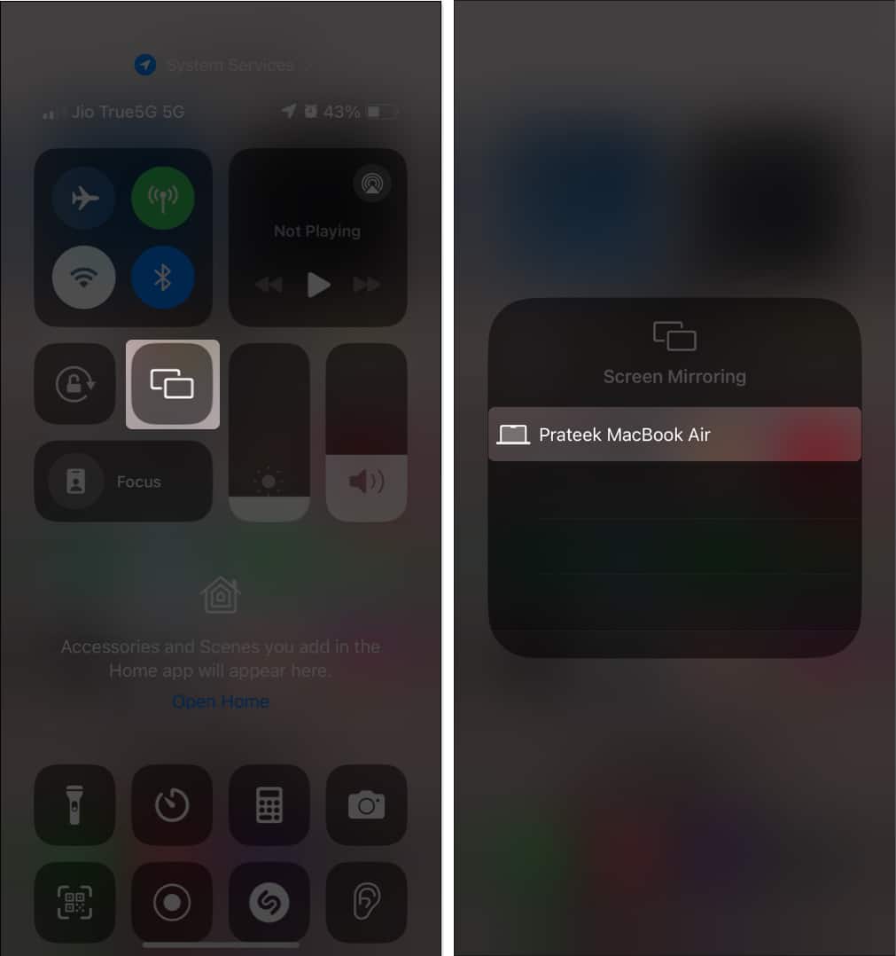 Tap Screen Mirroring button and Select your Mac