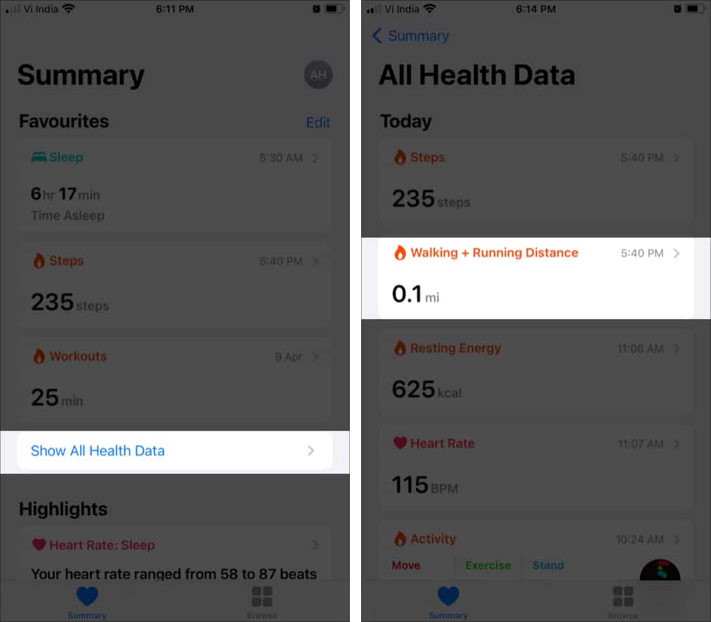 Tap Show All Health Data, Select Walking and Running Distance