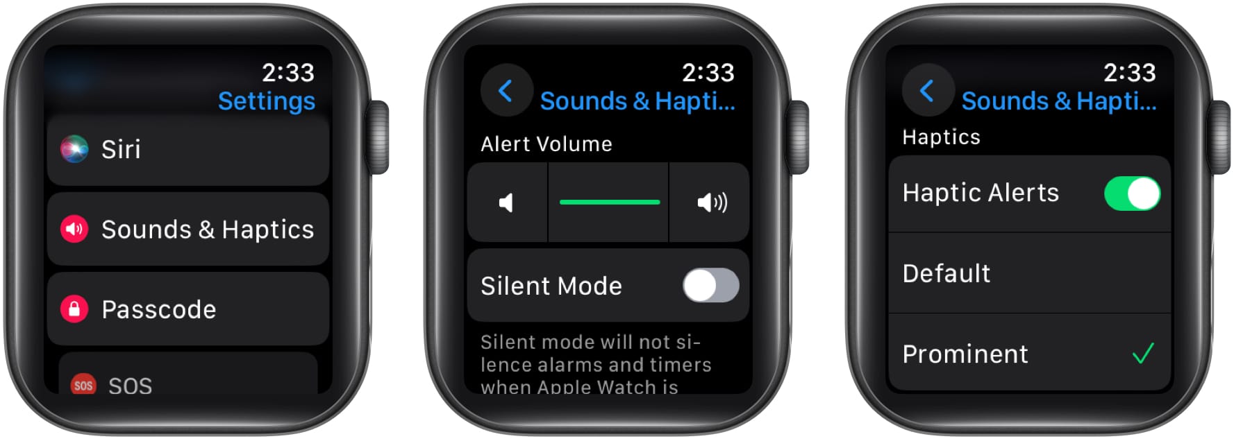 Tap Sound & Haptics, toggle off Silent Mode, Alert Volume is set to max in Apple Watch