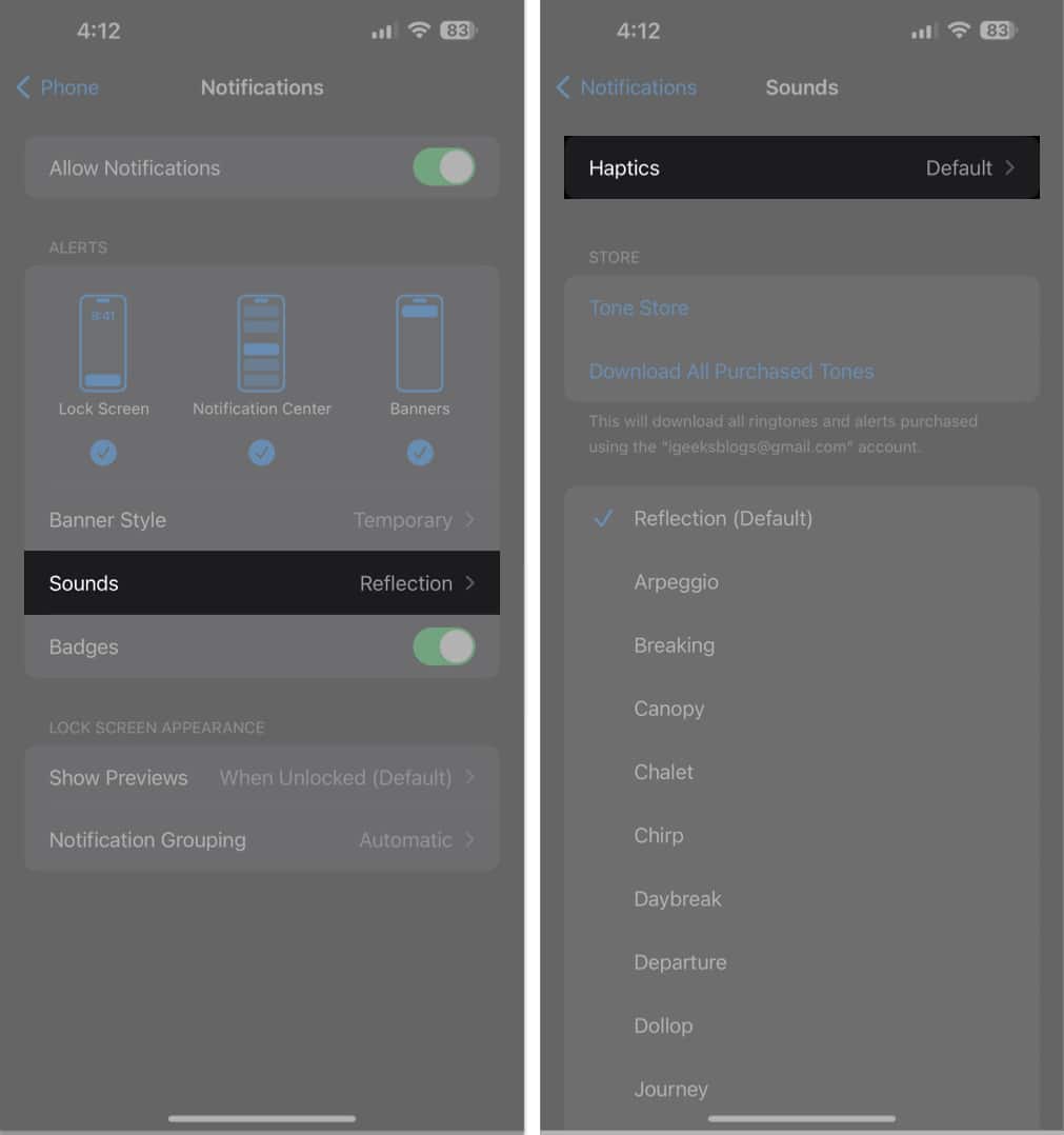 Tap Sounds, set Haptics to default