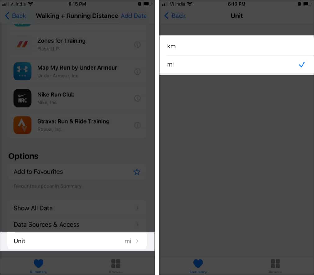 Tap Unit, Choose km for Kilometers in Health app