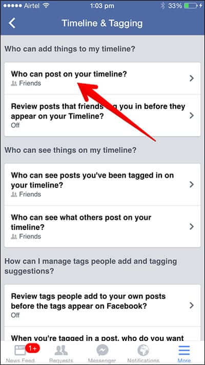 Tap Who Can Post on My Timeline in Facebook App
