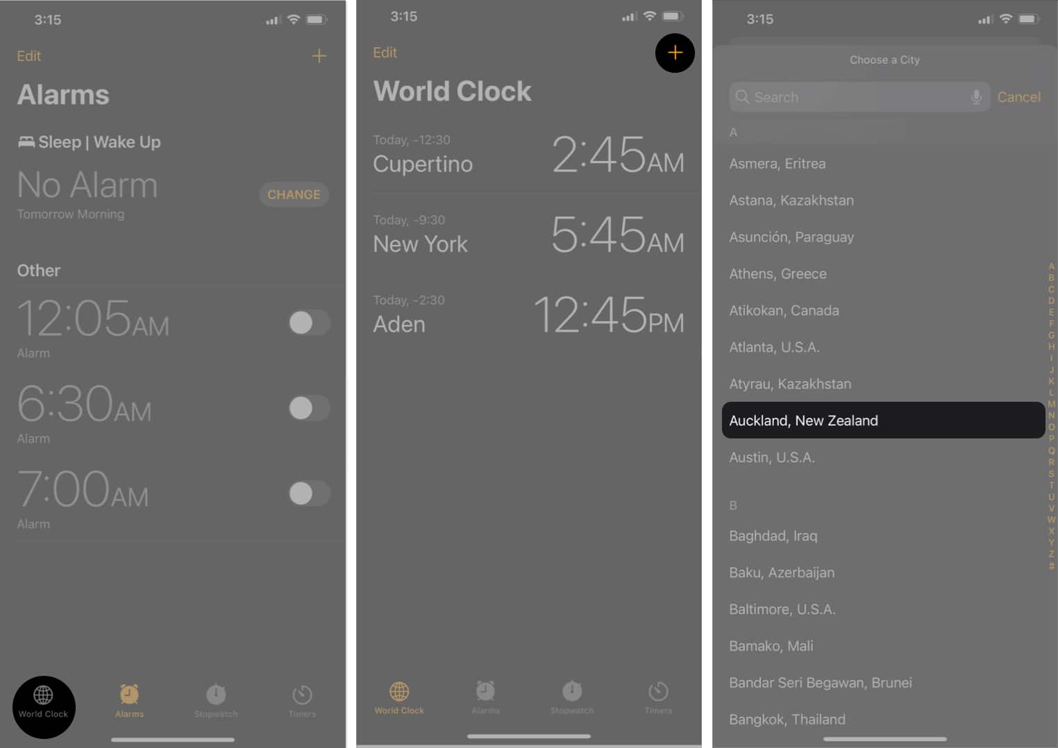 Tap World Clock, the + sign, select a region in Clock app