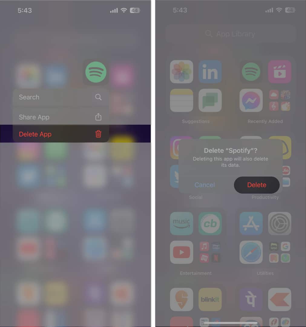 Tap delete app delete in App Library