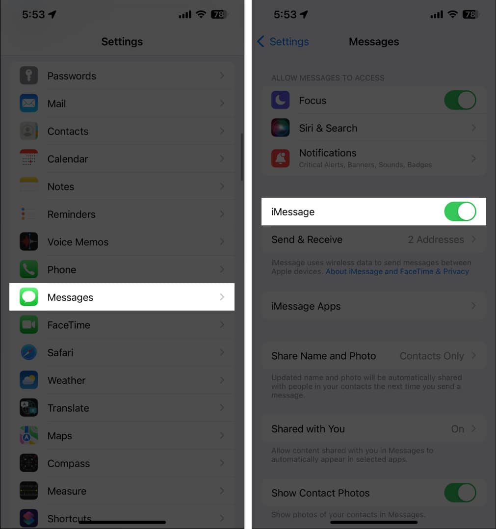 tap messages, toggle on imessage