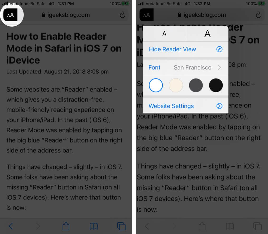 Tap on AA in Safari Reader View on iPhone