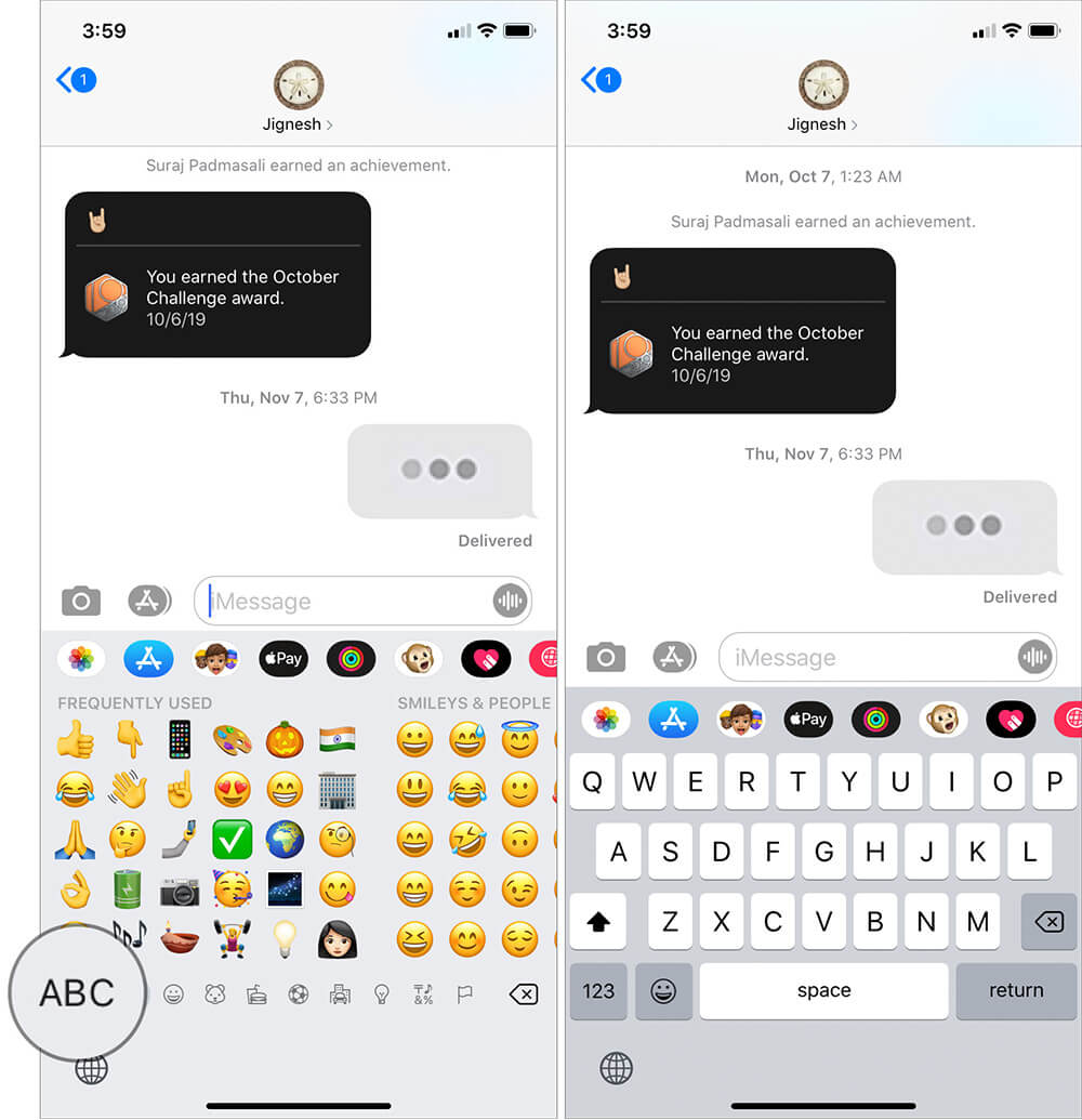 Tap on ABC to return to the text keypad on iPhone or iPad