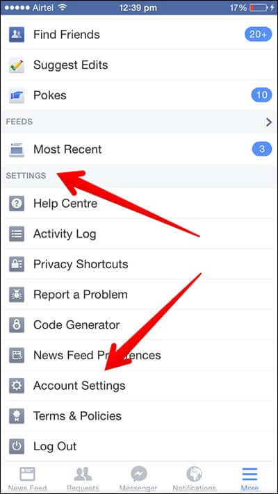 Tap on Account Settings in Facebook App on iPhone