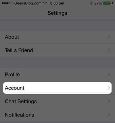 Tap on Account in WhatsApp Setting on iPhone