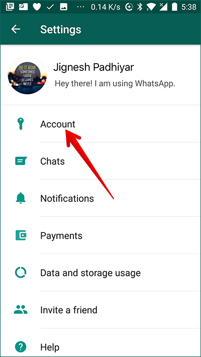 Tap on Account in WhatsApp Settings on Android Phone