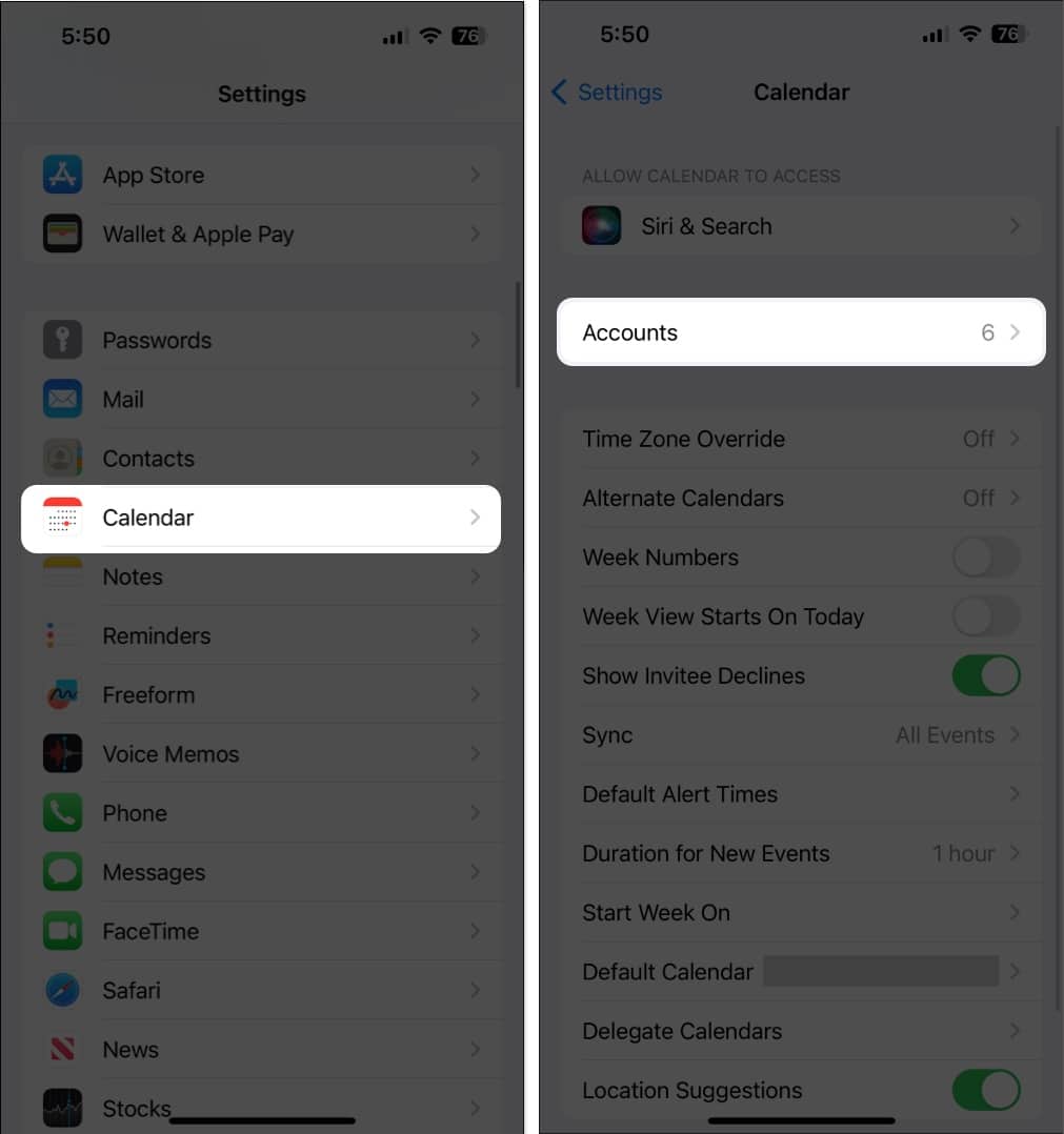 Tap on Accounts in Calendar Settings