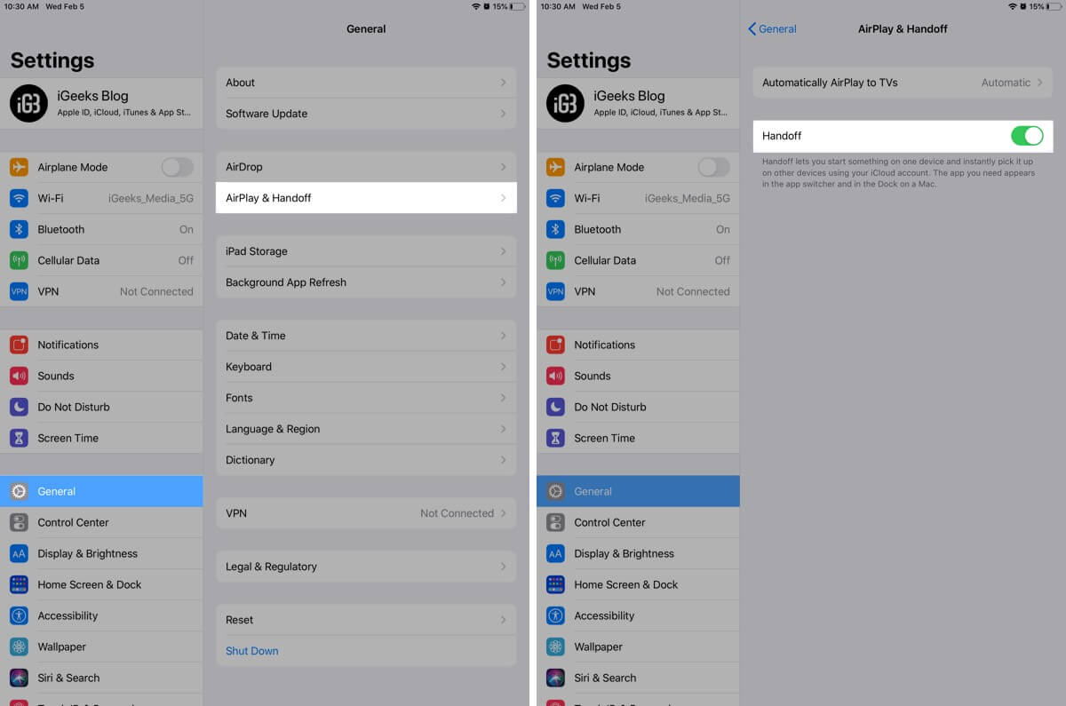 Tap on airplay and handoff to enable handoff on ipad Tap on AirPlay and Handoff to Enable Handoff on iPad