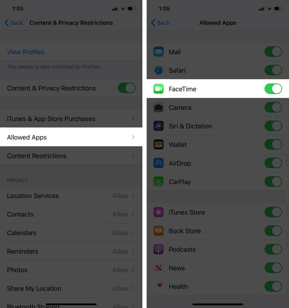 How to Fix FaceTime Waiting for Activation Error on iPhone Tap on Allowed Apps and Check FaceTime is Enabled
