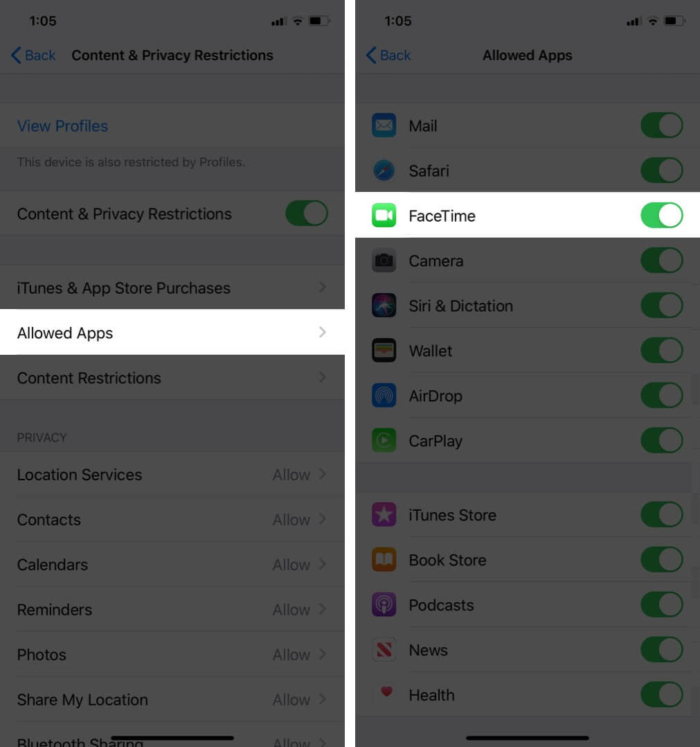 Tap on Allowed Apps and Check FaceTime is Enabled