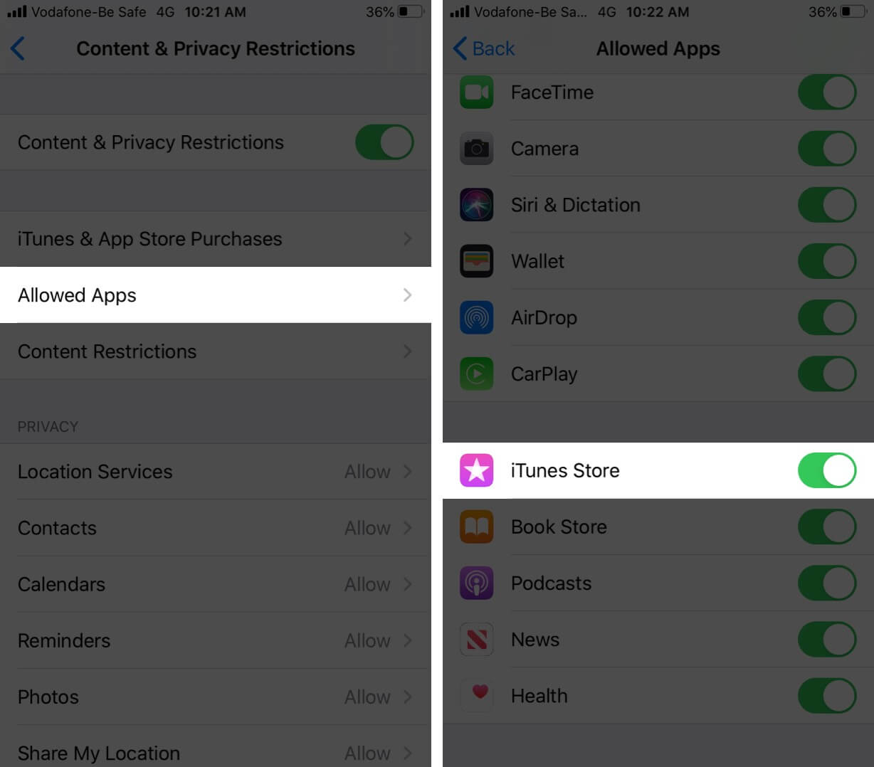 Tap on Allowed Apps and Then Turn on iTunes Store on iPhone
