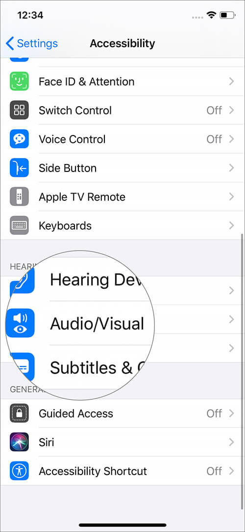 Tap on Audio Visual in Accessibility Settings on iPhone