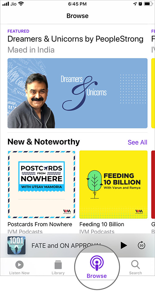 Tap on Browse in Podcasts App on iPhone