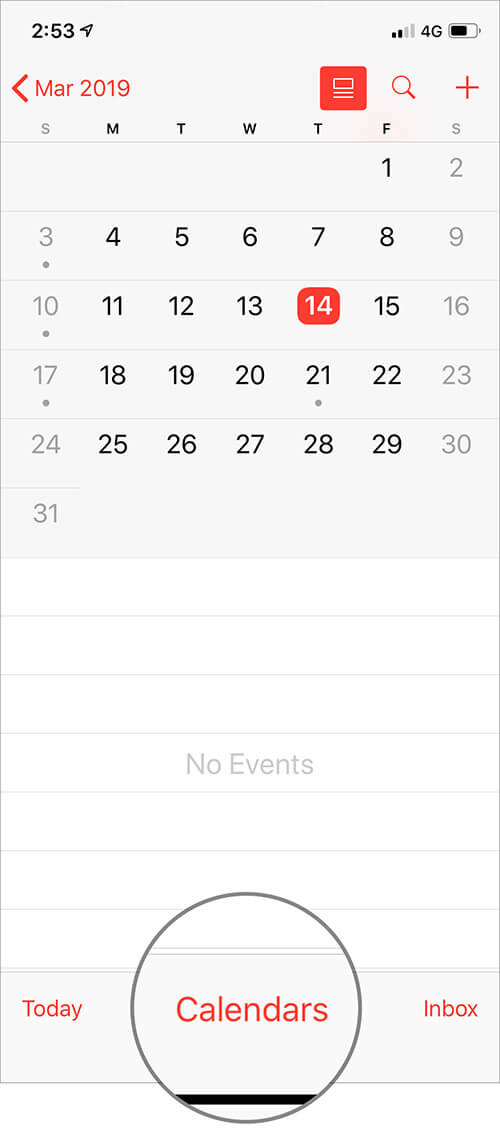 Tap on Calendars at the bottom in iOS Calendar App