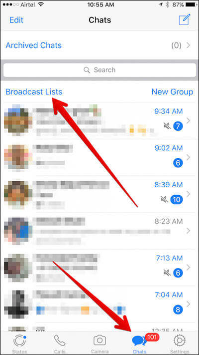 Tap on Chats Then Broadcast Lists in WhatsApp on iPhone