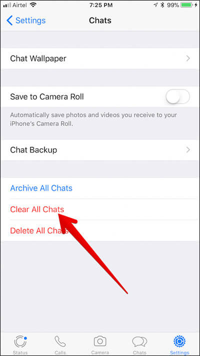 Tap on Clear All Chats in WhatsApp on iPhone