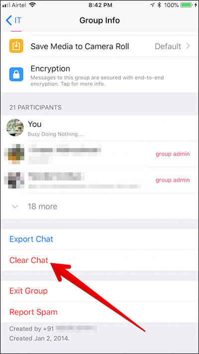 Tap on Clear Chat in WhatsApp on iPhone