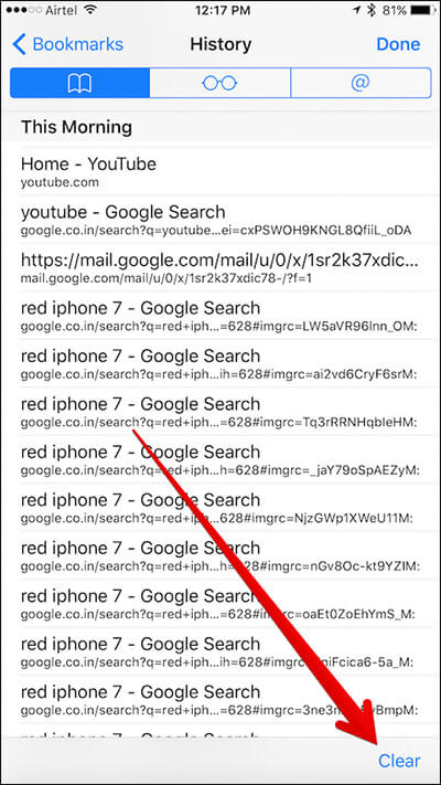 Tap on Clear in Safari on iPhone