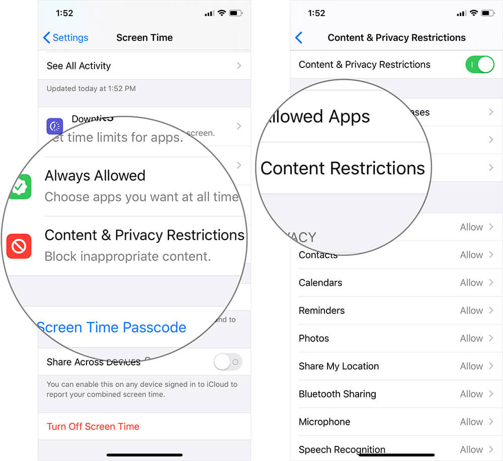 Tap on Content Restrictions in Screen Time Settings on iPhone or iPad