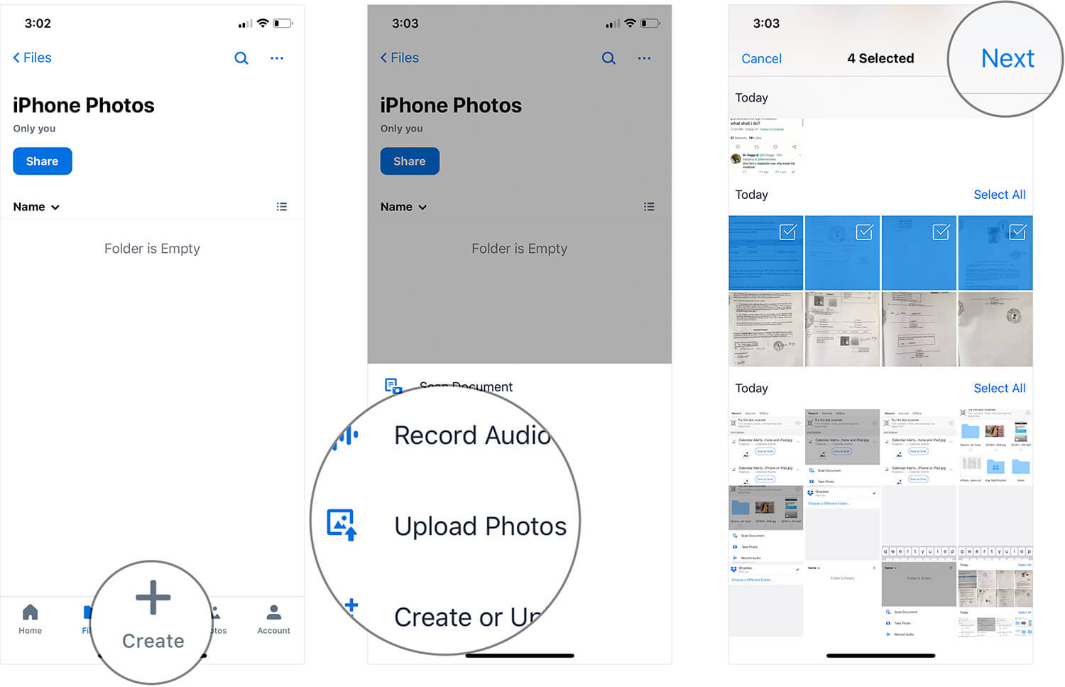 Tap on Create then Tap on Upload Photos in DropBox on iPhone or iPad