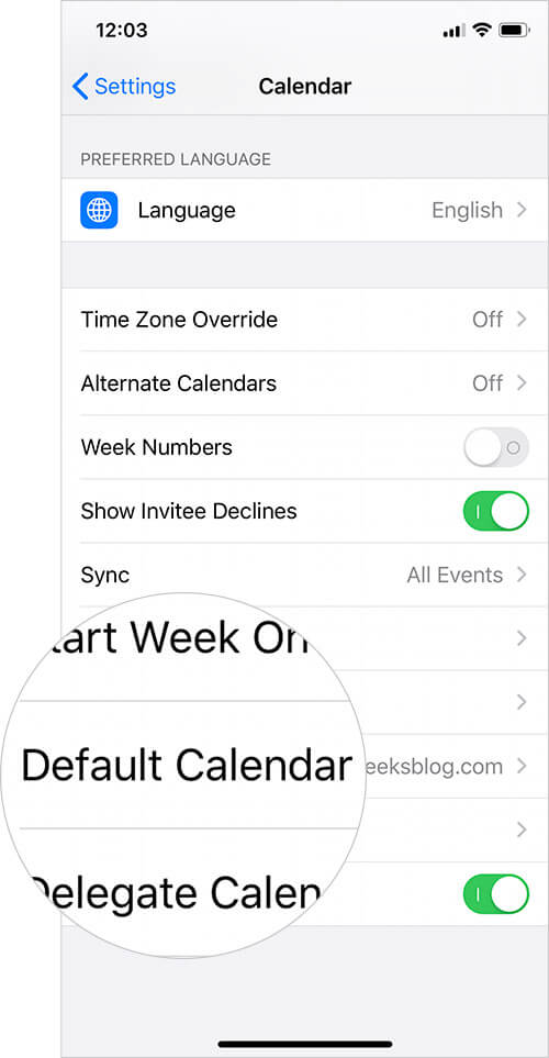 Tap on Default Calendar in iPhone or iPad Settings