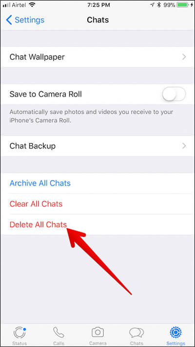 Tap on Delete All Chats in WhatsApp on iPhone