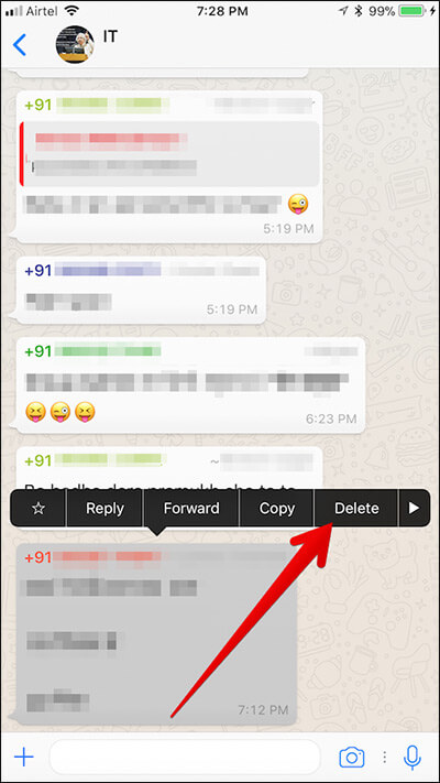 Tap on Delete Button in WhatsApp Chat on iPhone