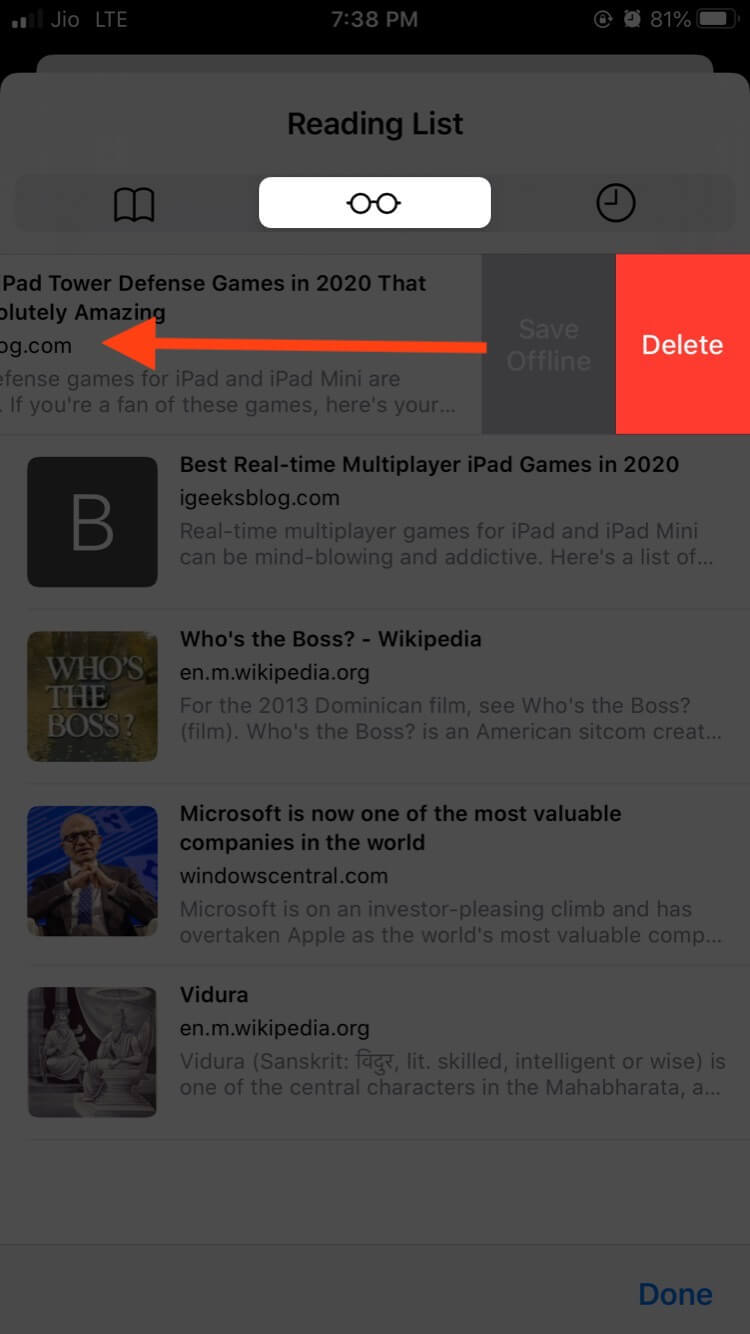 Tap on Delete and Remove Safari Reading List in iOS 13