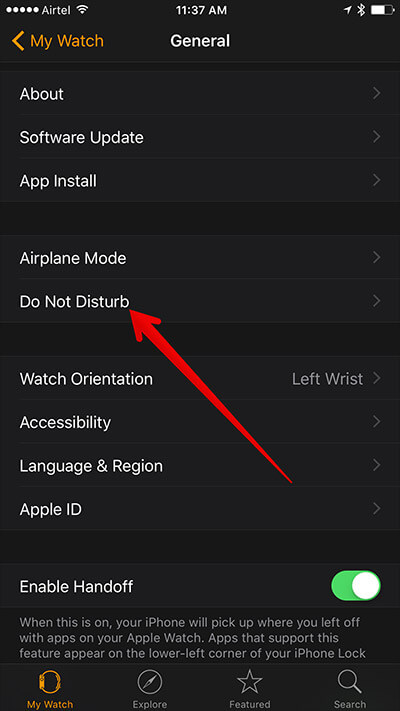 Tap on Do Not Disturb in My Watch on iPhone