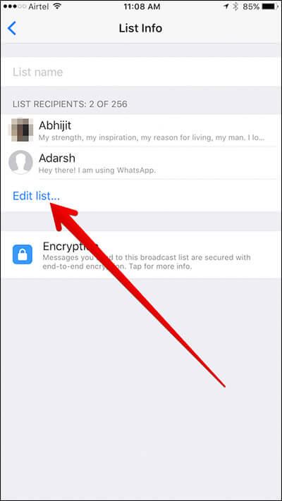 Tap on Edit List in WhatsApp Broadcast Chat