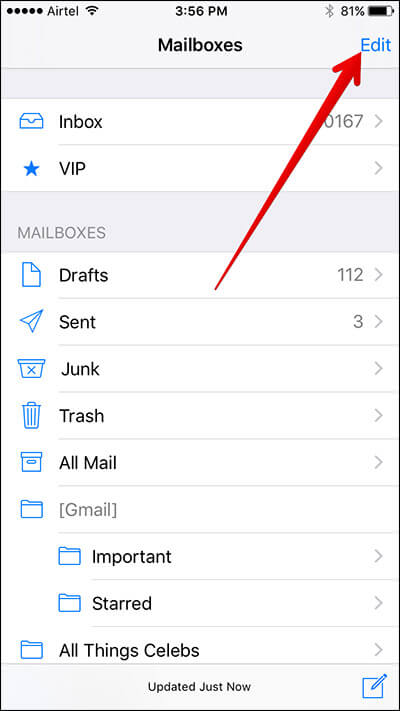 Tap on Edit in Mail App on iPhone