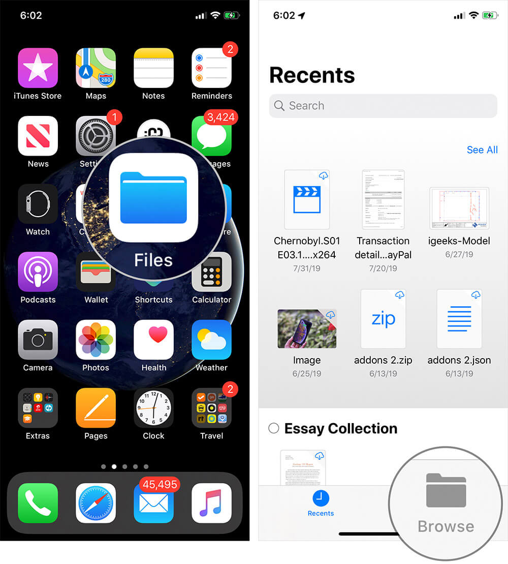 Tap on Files then Browse on iPhone or iPad