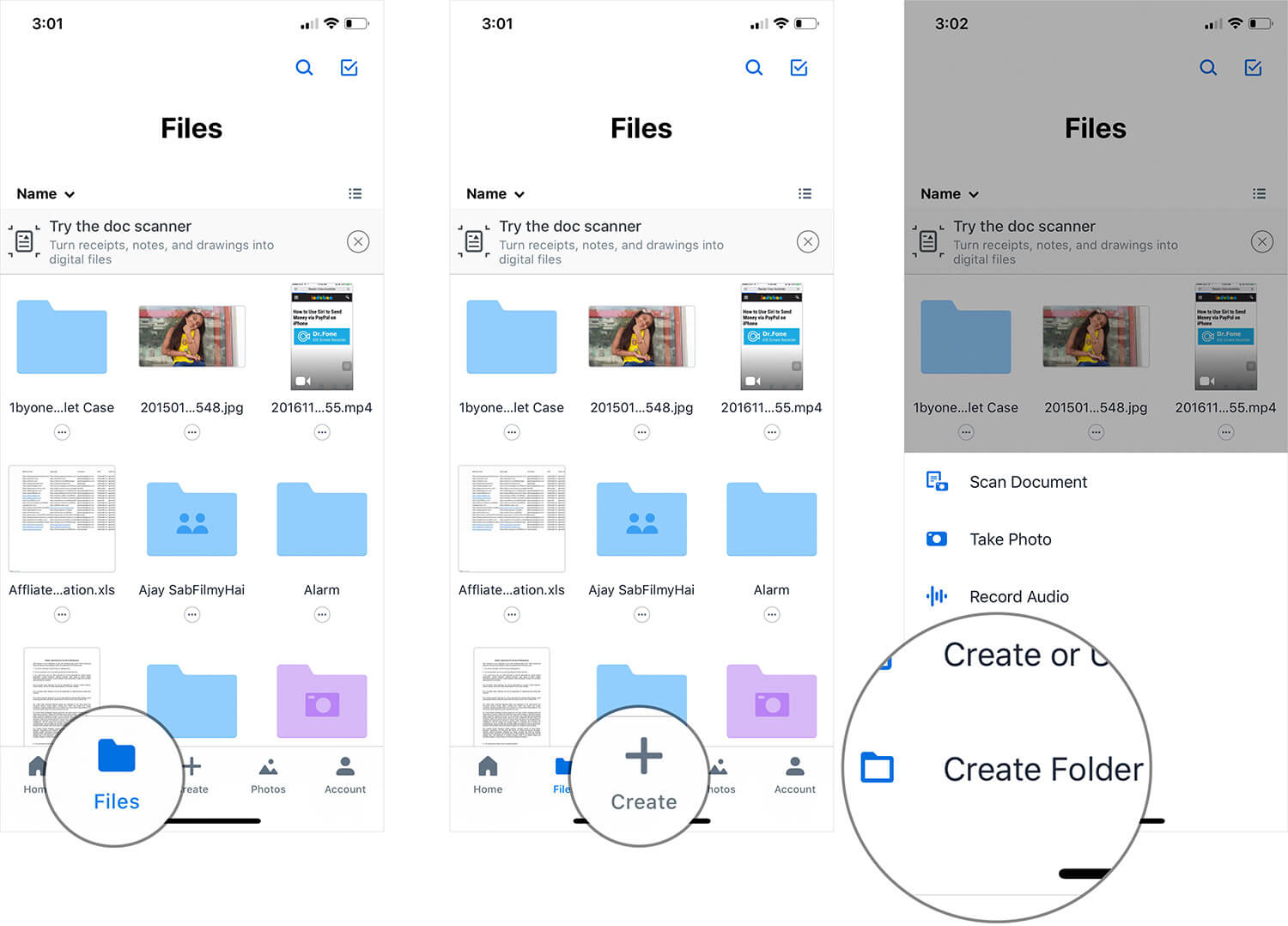 Tap on Files then Upload Folder in DropBox on iPhone or iPad