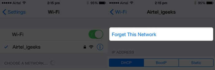 Tap on Forget This Network on iPhone Wi-Fi Settings