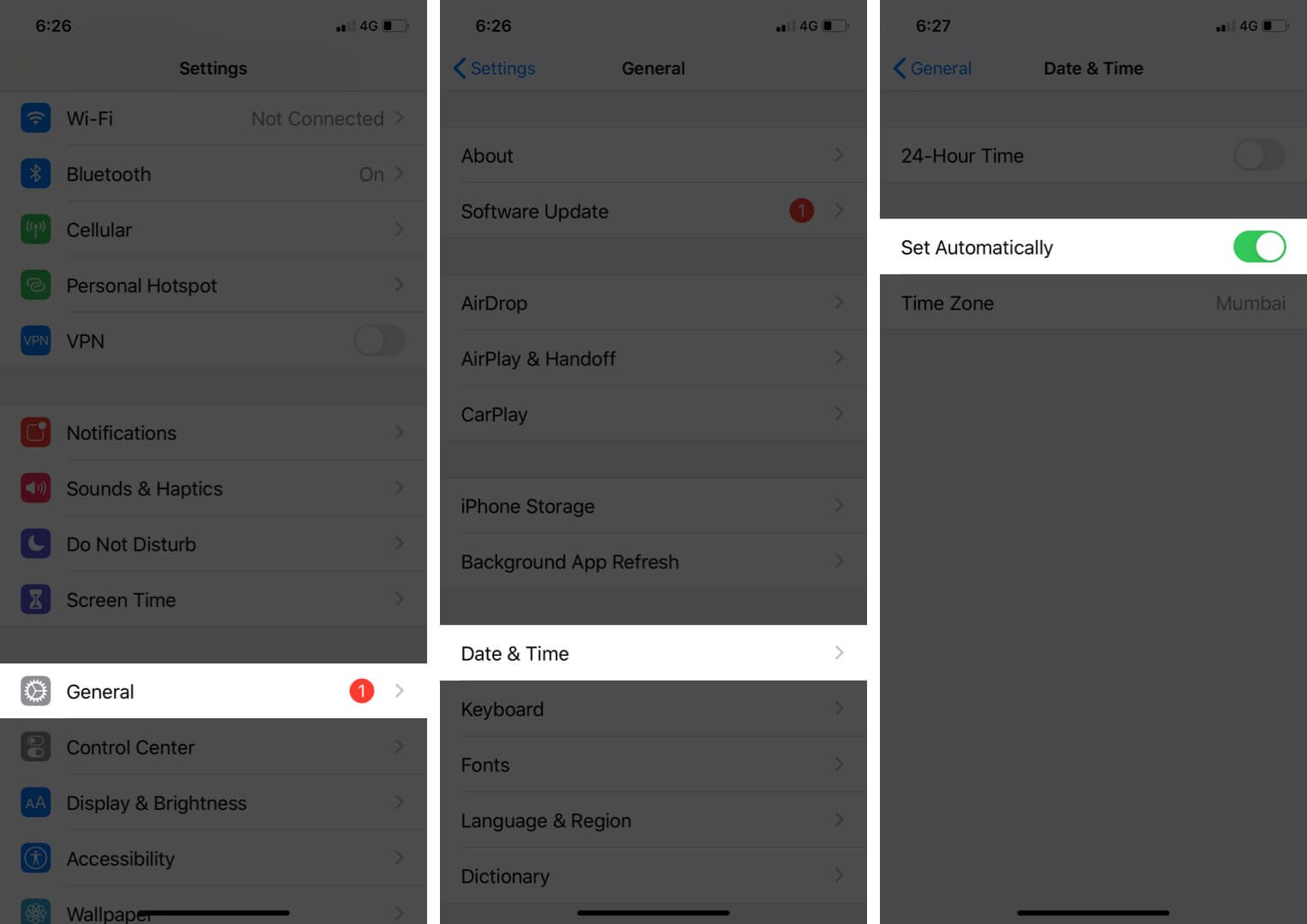 Tap on General and Select Date and Time and Then Enable Set Automatically on iPhone