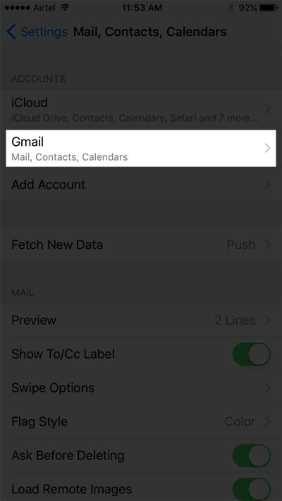 Tap on Gmail in Mail, Contacts, Calendars in iPhone Settings