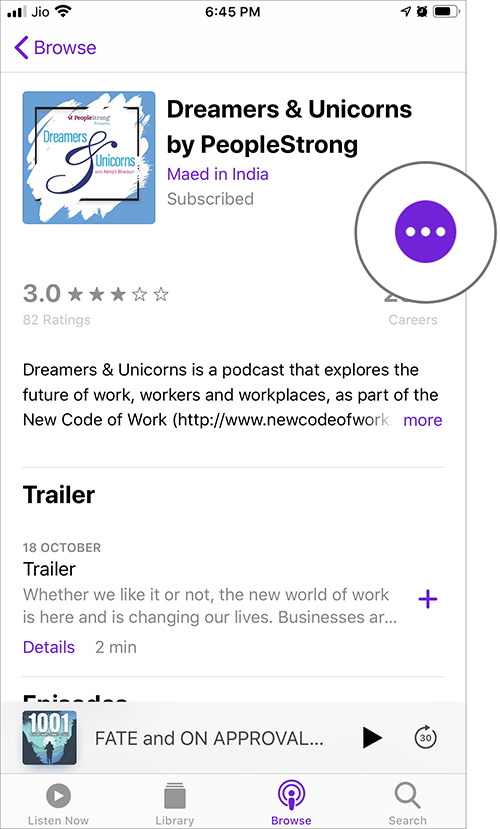 Tap on Hamburger icon in Subscribed Show on iPhone Podcasts App