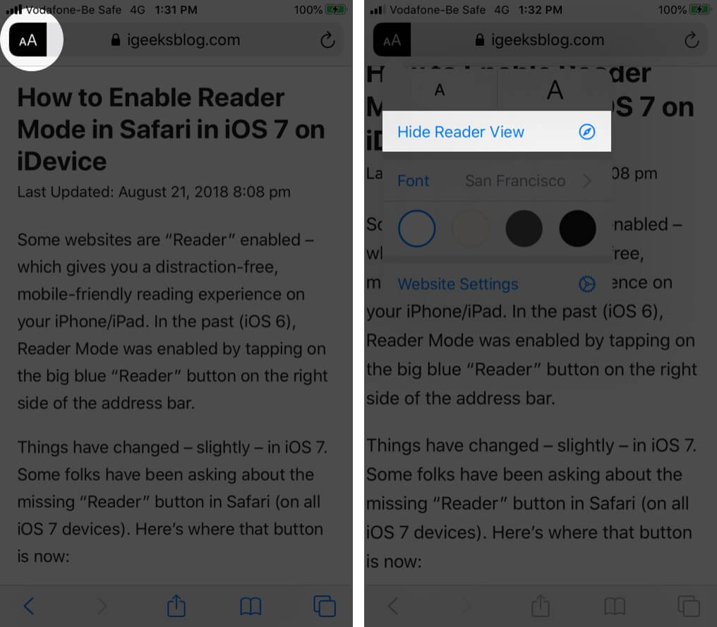Tap on Hide Reader View to Exit Reader Mode in Safari