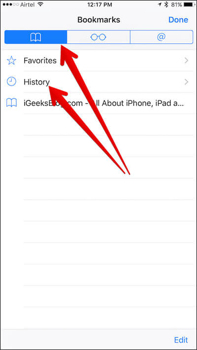 Tap on History in Safari on iPhone