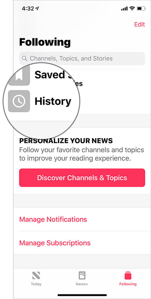 Tap on History in iOS Apple News App